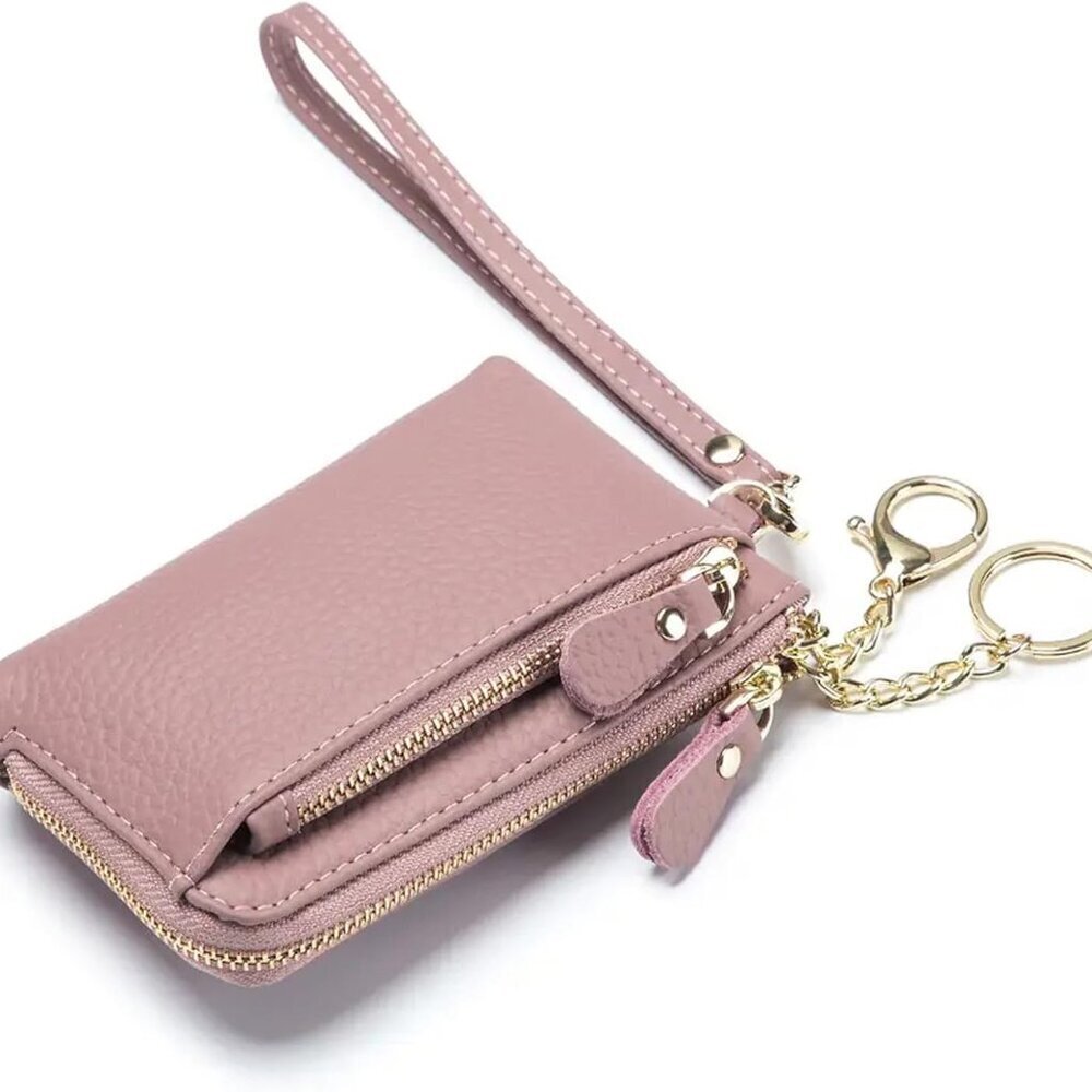 Women Leather Coin Purse Small Wallet with Hand Strap 3 Zippers Credit Card Slot